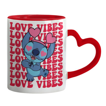 Lilo & Stitch Love vibes, Κούπα καρδιά χερούλι κόκκινη, κεραμική, 330ml