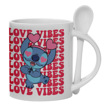 Lilo & Stitch Love vibes, Ceramic coffee mug with Spoon, 330ml (1pcs)