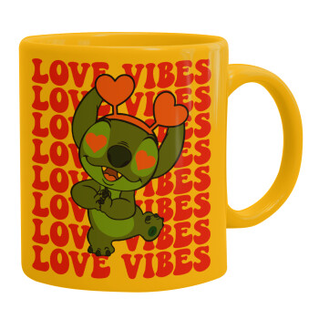 Lilo & Stitch Love vibes, Ceramic coffee mug yellow, 330ml