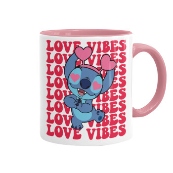 Lilo & Stitch Love vibes, Mug colored pink, ceramic, 330ml