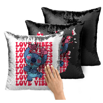 Lilo & Stitch Love vibes, Μαξιλάρι καναπέ Μαγικό Μαύρο με πούλιες 40x40cm περιέχεται το γέμισμα