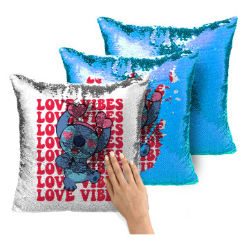Lilo & Stitch Love vibes, Μαξιλάρι καναπέ Μαγικό Μπλε με πούλιες 40x40cm περιέχεται το γέμισμα