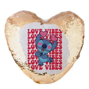 Lilo & Stitch Love vibes, Μαξιλάρι καναπέ καρδιά Μαγικό Χρυσό με πούλιες 40x40cm περιέχεται το  γέμισμα