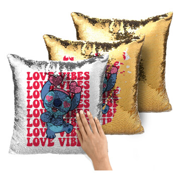 Lilo & Stitch Love vibes, Μαξιλάρι καναπέ Μαγικό Χρυσό με πούλιες 40x40cm περιέχεται το γέμισμα