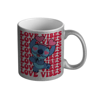 Lilo & Stitch Love vibes, Κούπα Ασημένια Glitter που γυαλίζει, κεραμική, 330ml