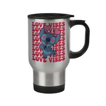 Lilo & Stitch Love vibes, Κούπα ταξιδιού ανοξείδωτη με καπάκι, διπλού τοιχώματος (θερμό) 450ml
