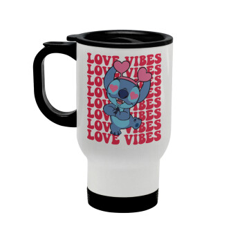 Lilo & Stitch Love vibes, Κούπα ταξιδιού ανοξείδωτη με καπάκι, διπλού τοιχώματος (θερμό) λευκή 450ml