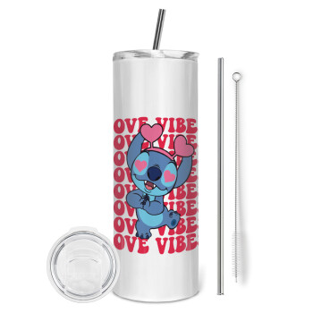 Lilo & Stitch Love vibes, Eco friendly ποτήρι θερμό (tumbler) από ανοξείδωτο ατσάλι 600ml, με μεταλλικό καλαμάκι & βούρτσα καθαρισμού