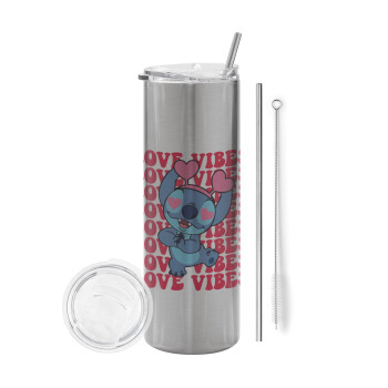 Lilo & Stitch Love vibes, Eco friendly stainless steel Silver tumbler 600ml, with metal straw & cleaning brush