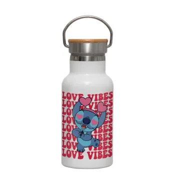 Lilo & Stitch Love vibes, Metallic thermos (Stainless steel) White with wooden lid (bamboo), double-walled, 350ml