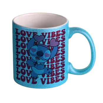 Lilo & Stitch Love vibes, Κούπα Σιέλ Glitter που γυαλίζει, κεραμική, 330ml