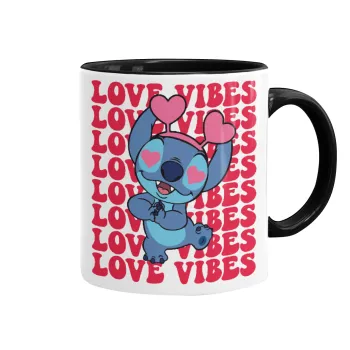 Lilo & Stitch Love vibes, Κούπα χρωματιστή μαύρη, κεραμική, 330ml