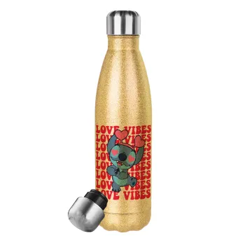 Lilo & Stitch Love vibes, Glitter gold stainless steel thermos bottle, double-walled, 500ml