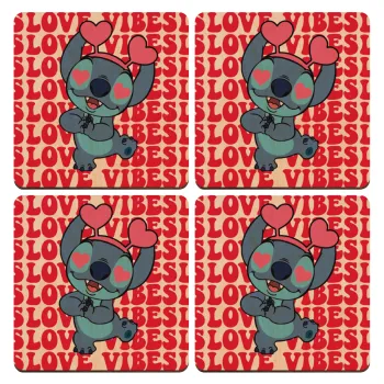 Lilo & Stitch Love vibes, ΣΕΤ x4 Σουβέρ ξύλινα τετράγωνα plywood (9cm)