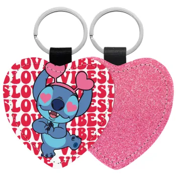 Lilo & Stitch Love vibes, Μπρελόκ PU δερμάτινο glitter καρδιά ΡΟΖ
