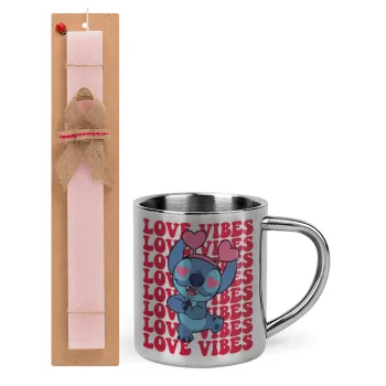 Lilo & Stitch Love vibes, Easter Set, metallic thermal cup (300ml) & aromatic flat Easter candle (30cm) (PINK)