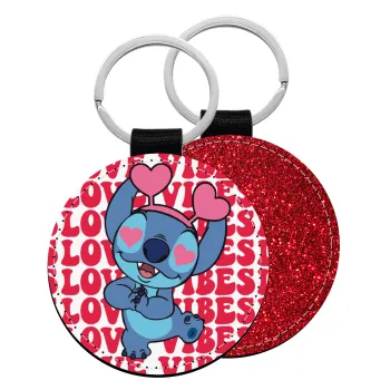 Lilo & Stitch Love vibes, Μπρελόκ Δερματίνη, στρογγυλό ΚΟΚΚΙΝΟ (5cm)