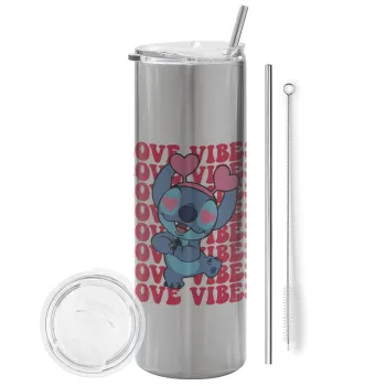 Lilo & Stitch Love vibes, Tumbler ποτήρι θερμό Ασημένιο από ανοξείδωτο ατσάλι 600ml, με μεταλλικό καλαμάκι & βούρτσα καθαρισμού