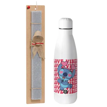 Lilo & Stitch Love vibes, Easter Set, metallic stainless thermos bottle (500ml) & scented flat Easter candle (30cm) (GRAY)