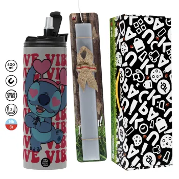 Lilo & Stitch Love vibes, Πασχαλινή Λαμπάδα με Travel Tumbler θερμό (600ml, BPA free) & κερί αρωματικό πλακέ (30cm) (ΓΚΡΙ)
