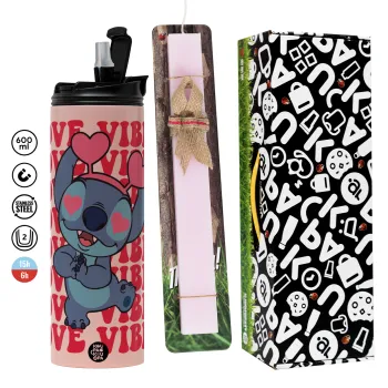 Lilo & Stitch Love vibes, Πασχαλινή Λαμπάδα με  ΡΟΖ Travel Tumbler θερμό (600ml, BPA free) & κερί αρωματικό πλακέ (30cm) (ΡΟΖ)