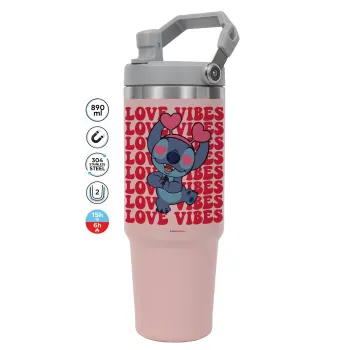 Lilo & Stitch Love vibes, Pink color, 890ml (30oz) stainless Steel Tumbler with Handle