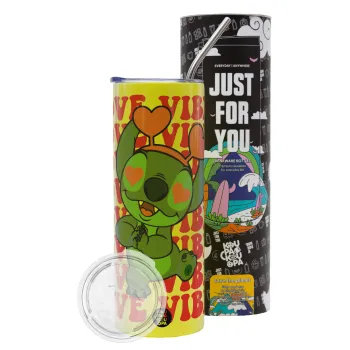 Lilo & Stitch Love vibes, Neon Yellow Travel Tumbler θερμό, μεταλλικό καλαμάκι(Ανωξείδωτο 304 Food grade, BPA free, 600ml)
