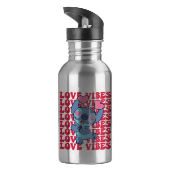 Lilo & Stitch Love vibes, Water bottle Silver with straw, stainless steel 600ml