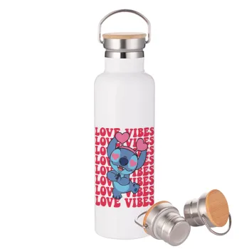 Lilo & Stitch Love vibes, Stainless steel White with wooden lid (bamboo), double wall, 750ml
