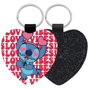 Lilo & Stitch Love vibes, Μπρελόκ PU δερμάτινο glitter καρδιά ΜΑΥΡΟ