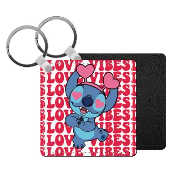 Lilo & Stitch Love vibes, Μπρελόκ Δερματίνη, τετράγωνο ΜΑΥΡΟ (5x5cm)