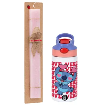 Lilo & Stitch Love vibes, Easter Set, Children's thermal stainless steel water bottle with safety straw, pink/purple (350ml) & Easter scented flat candle (30cm) (PINK)