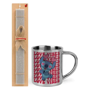 Lilo & Stitch Love vibes, Easter Set, metallic thermal cup (300ml) & Easter aromatic flat candle (30cm) (GRAY)