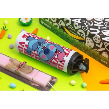 Lilo & Stitch Love vibes, Easter candle,Travel Tumbler 2 Lids, with metal straw & cleaning brush & aromatic flat candle (30cm) (PINK)