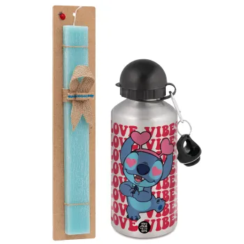 Lilo & Stitch Love vibes, Easter Set, metallic silver aluminum water bottle (500ml) & scented flat Easter candle (30cm) (TURQUOISE)
