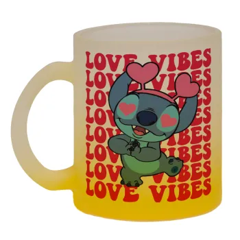Lilo & Stitch Love vibes, Κούπα γυάλινη δίχρωμη με βάση το κίτρινο ματ, 330ml