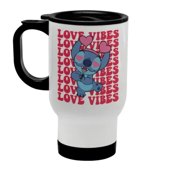 Lilo & Stitch Love vibes, Κούπα ταξιδιού ανοξείδωτη με καπάκι, διπλού τοιχώματος (θερμό) λευκή 450ml