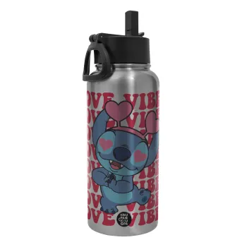 Lilo & Stitch Love vibes, Metal mug thermo Silver with Straw and Spout Lid (Stainless steel), double wall, 950ml