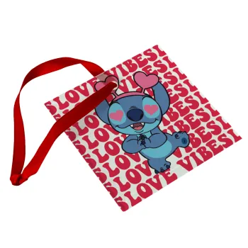 Lilo & Stitch Love vibes, Στολίδι Χριστουγεννιάτικο στολίδι γυάλινο τετράγωνο 9x9cm
