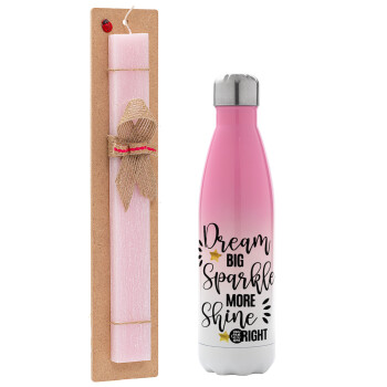 Dream big, Sparkle more, Shine bright, Easter Set, Metallic pink/white (Stainless steel) thermos, double-walled, 500ml & aromatic flat Easter candle (30cm) (PINK)