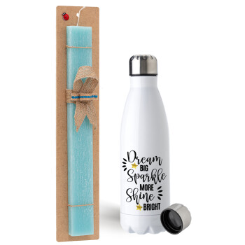Dream big, Sparkle more, Shine bright, Easter Set, metallic stainless steel water bottle (750ml) & aromatic flat Easter candle (30cm) (TURQUOISE)