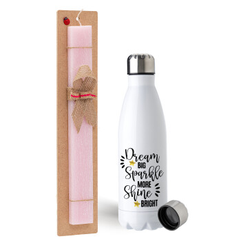 Dream big, Sparkle more, Shine bright, Easter Set, metallic stainless steel water bottle (750ml) & scented flat Easter candle (30cm) (PINK)