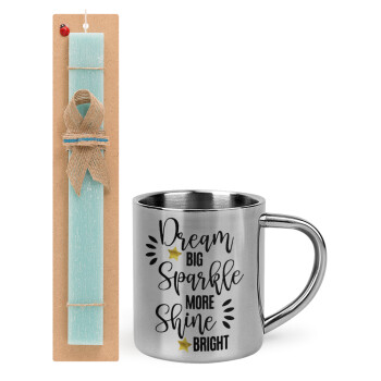 Dream big, Sparkle more, Shine bright, Easter Set, metallic thermal cup (300ml) & aromatic flat Easter candle (30cm) (TURQUOISE)