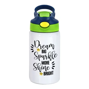 Dream big, Sparkle more, Shine bright, Children's hot water bottle, stainless steel, with safety straw, green, blue (350ml)