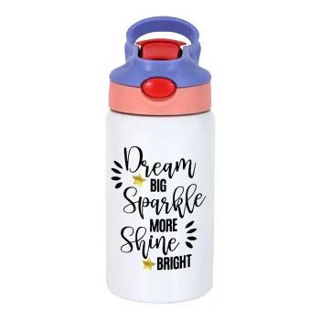 Dream big, Sparkle more, Shine bright, Children's hot water bottle, stainless steel, with safety straw, pink/purple (350ml)