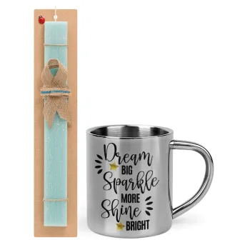 Dream big, Sparkle more, Shine bright, Easter Set, metallic thermal cup (300ml) & aromatic flat Easter candle (30cm) (TURQUOISE)