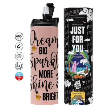 Dream big, Sparkle more, Shine bright, Tumbler ποτήρι θερμό ΡΟΖ από ανοξείδωτο ατσάλι 600ml