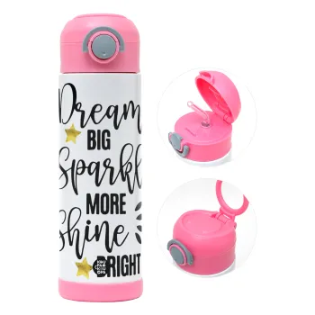 Dream big, Sparkle more, Shine bright, Children's hot water bottle, stainless steel, with safety straw, PINK (500ml)