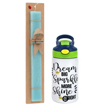 Dream big, Sparkle more, Shine bright, Easter Set, Children's thermal stainless steel bottle with safety straw, green/blue (350ml) & aromatic flat Easter candle (30cm) (TURQUOISE)