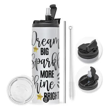 Dream big, Sparkle more, Shine bright, Travel Tumbler 2 Lids, with metal straw & cleaning brush (Stainless steel 304 Food grade, BPA free, 600ml)